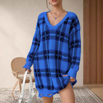 Damen Oversized Pullover V-Ausschnitt Kariert Norvielle