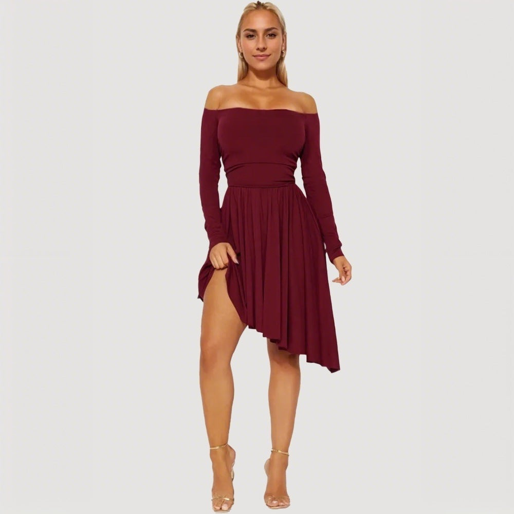 Damen Off-Shoulder Midi-Kleid Asymmetrisch Langärmlig