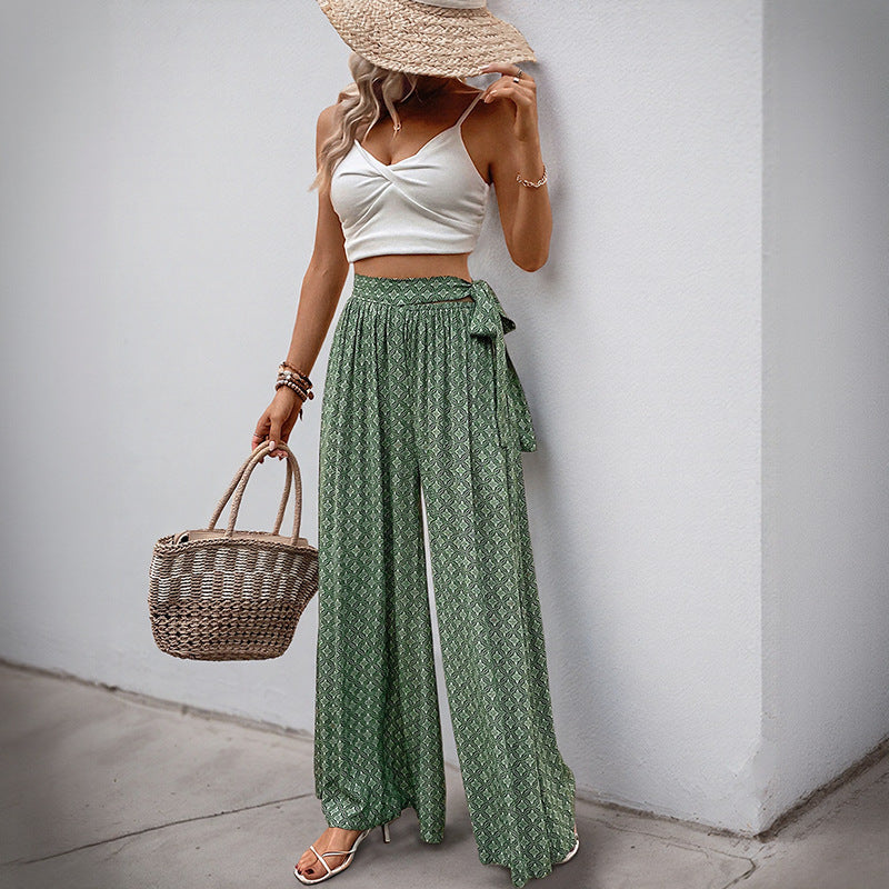 Damen Palazzo-Hose mit Bindegürtel und Print