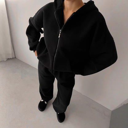 Damen Fleece-Jogginganzug mit Reißverschluss Weite Hose