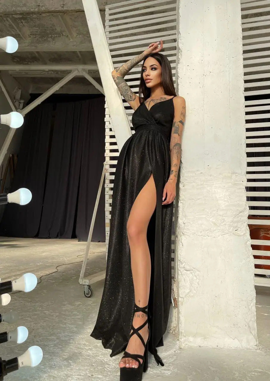 Damen Maxikleid Glitzer Effektdesign Tiefes Dekolleté