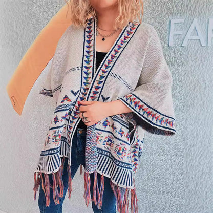 Damen Strickponcho Bunt Muster Fransenverzierung - Norvielle