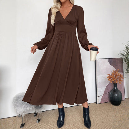 Damen Maxi-Kleid V-Ausschnitt Ballonärmel