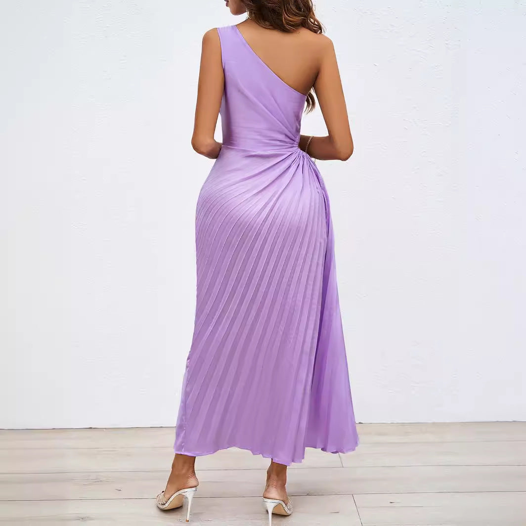 Damen Maxikleid Plissiert Asymmetrischer Träger Elegant