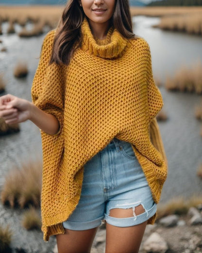 Damen Strickpullover Hochkragen Strukturiert Beige