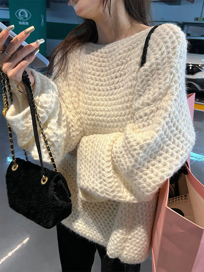 Damen Oversize-Pullover Grobgestrickt Weiter Schnitt Beige