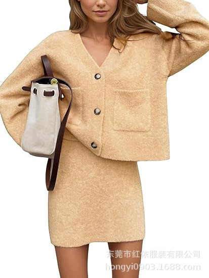Damen Strickensemble V-Ausschnitt Knopfdetail Norvielle