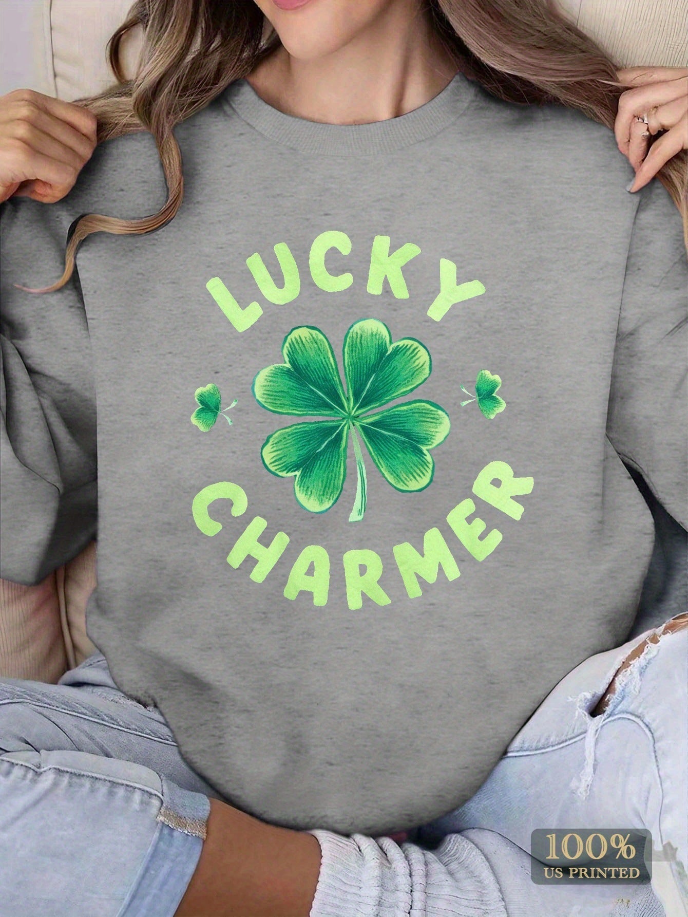 Damen Sweatshirt Klee-Design Baumwolle Grau