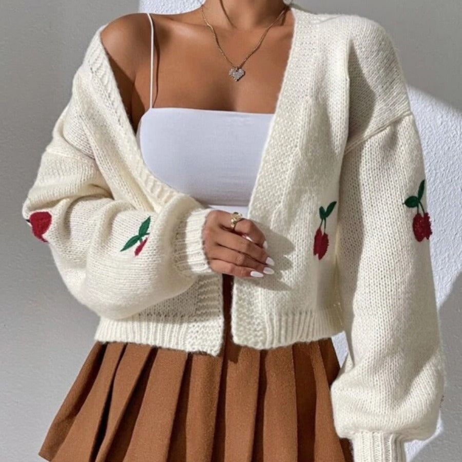 Damen Strickjacke Kuschelig Fruchtiges Stickmuster Weite Passform - Norvielle