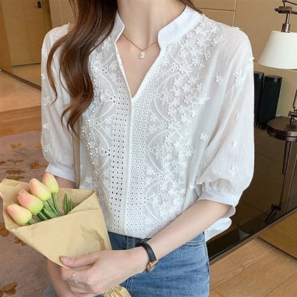 Damen Bluse Halbärmel Florale Stickerei Norvielle