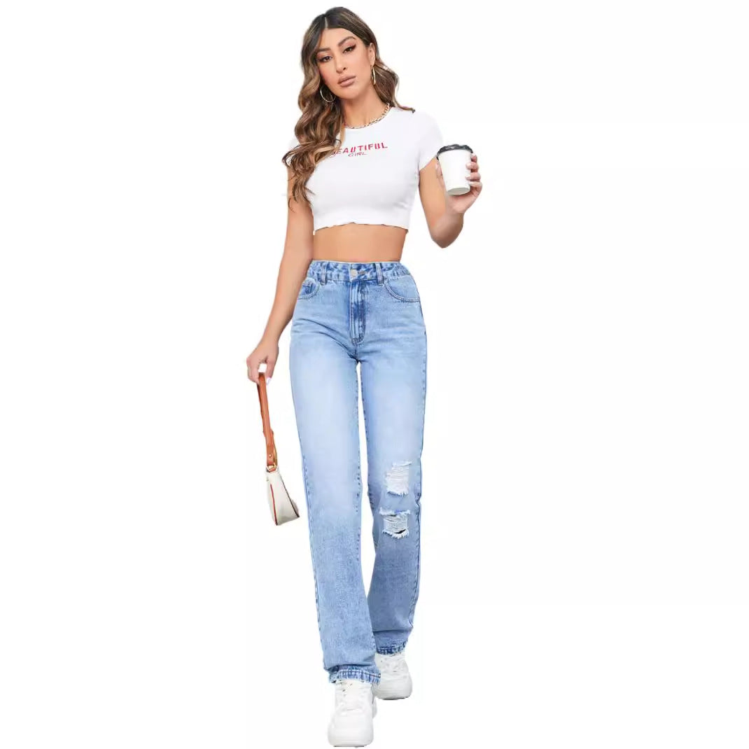 Damen Highwaist Jeans Vintage-Stil Destroyed-Effekt
