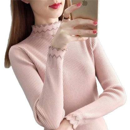 Damen Strickpullover Stehkragen Wellenmuster