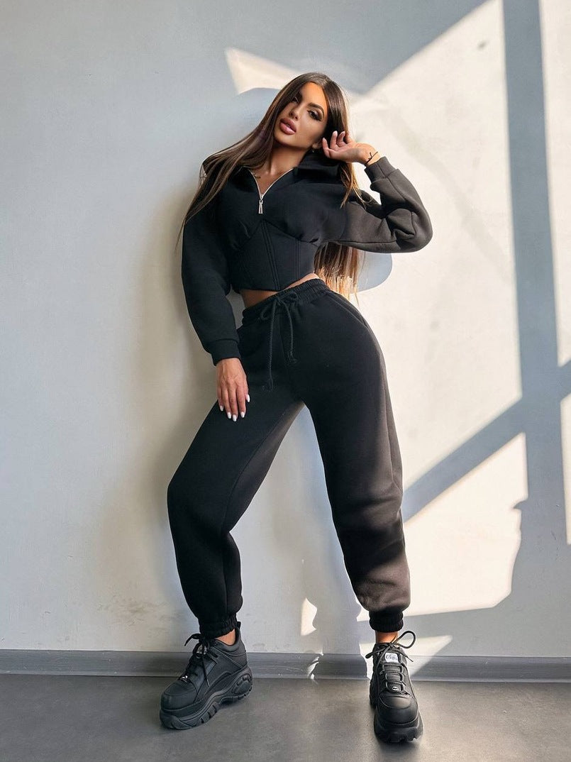 Damen Sportoutfit Cropped Jacke Jogginghose