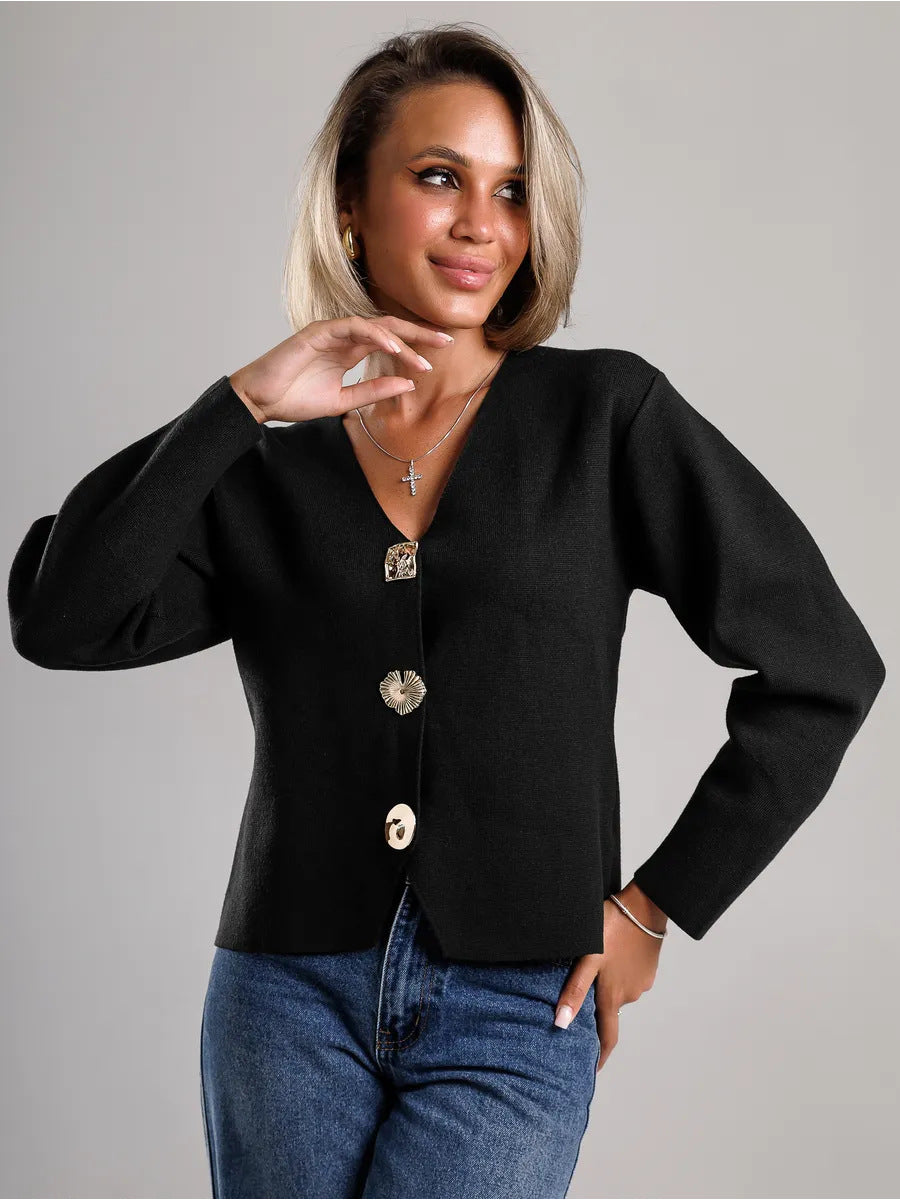 Damen Strickjacke V-Ausschnitt Goldknöpfe Norvielle