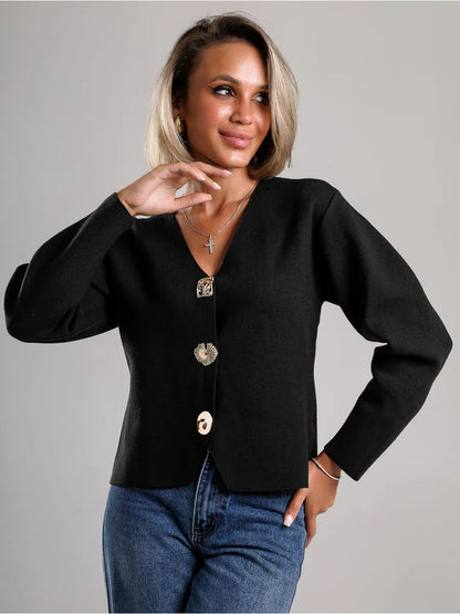 Damen Strickjacke V-Ausschnitt Goldknöpfe Norvielle