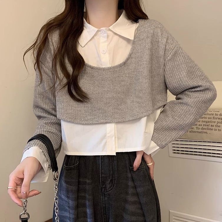 Damen Strickpullover mit Hemd Cropped Baumwolle Weiß