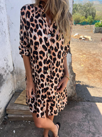 Damen Leopardenmuster Hemdblusenkleid Norvielle