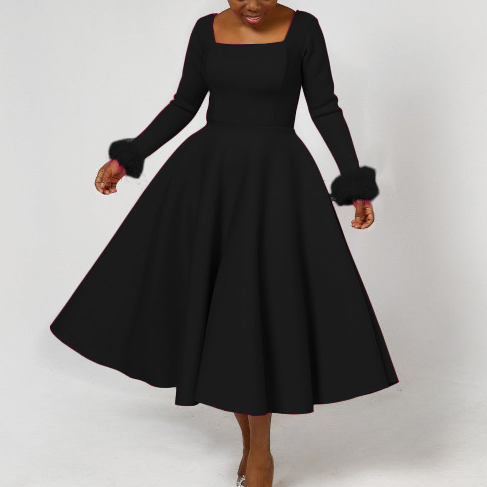 Damen Kleid Quadratischer Ausschnitt Fuchsfell Ärmel