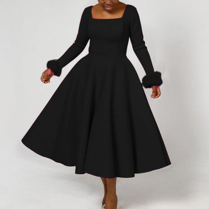 Damen Kleid Quadratischer Ausschnitt Fuchsfell Ärmel