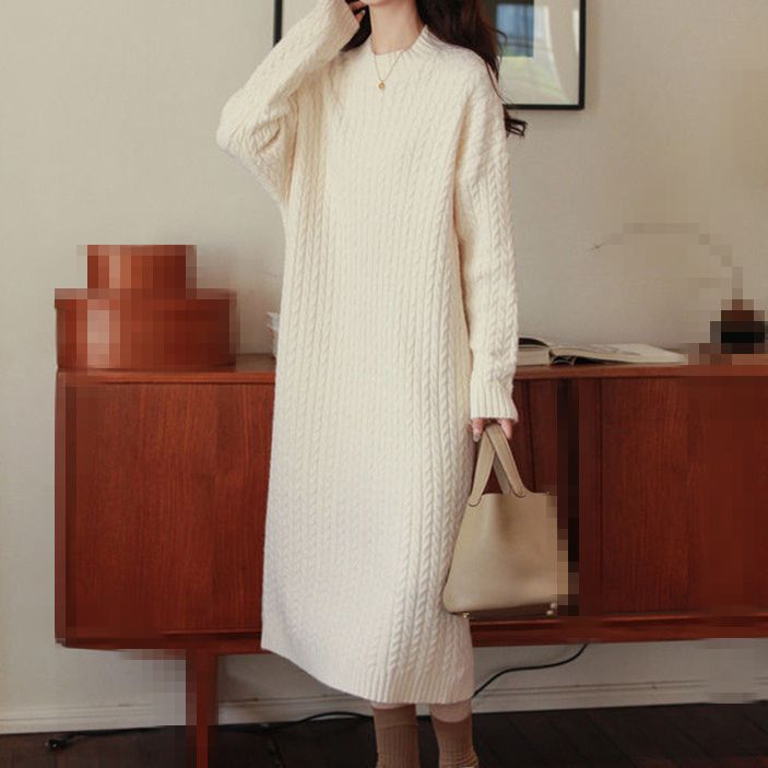 Damen Strickkleid Lässig Strukturiertes Muster Beige