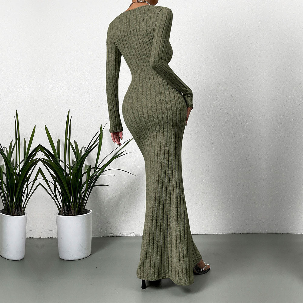 Damen Langarm Maxikleid Rippdesign Elegantes Norvielle