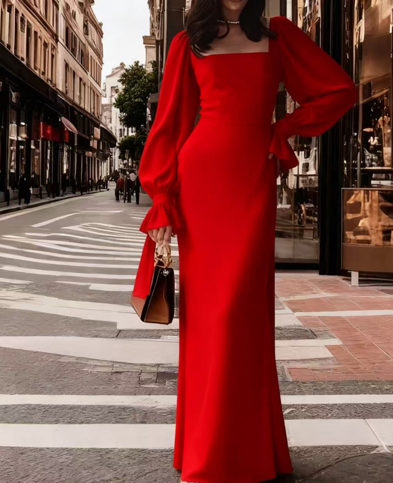 Damen Maxikleid Puffärmel Quadrat-Ausschnitt