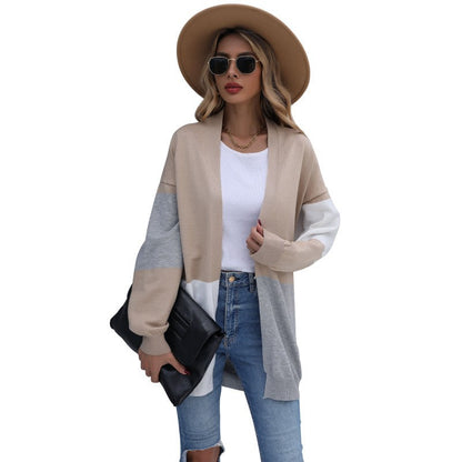 Damen Cardigan Lang Weiches Strick Norvielle Farbblockierung