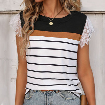 Damen T-Shirt Spitzenärmel Gestreift Norvielle - Norvielle