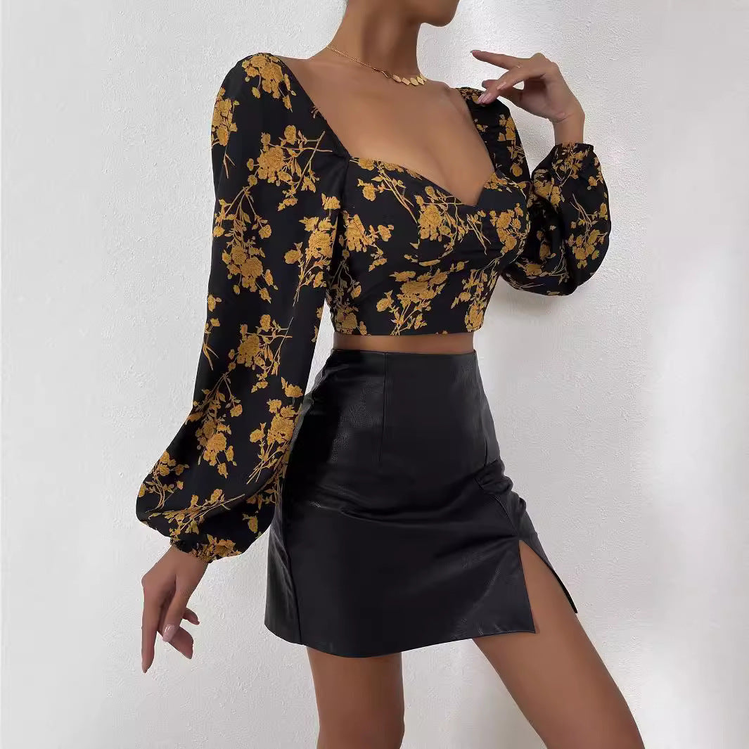 Damen Crop- Florales Muster Puffärmel Norvielle