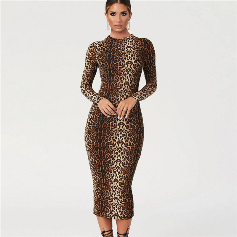 Damen Leopardmuster Kleid Langärmlig Figurbetont Norvielle