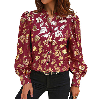 Damen Bluse Blattmuster Puffärmel Norvielle