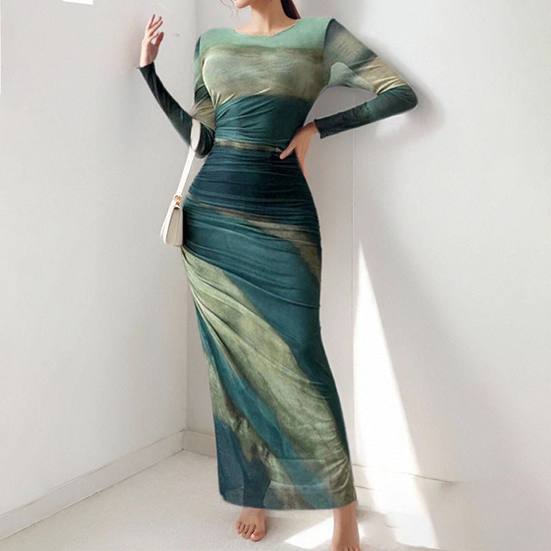 Damen Maxikleid Langarm Elegantes Drapieren
