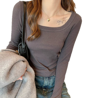 Damen Langarmshirt Rippstrick Quadratausschnitt Fein