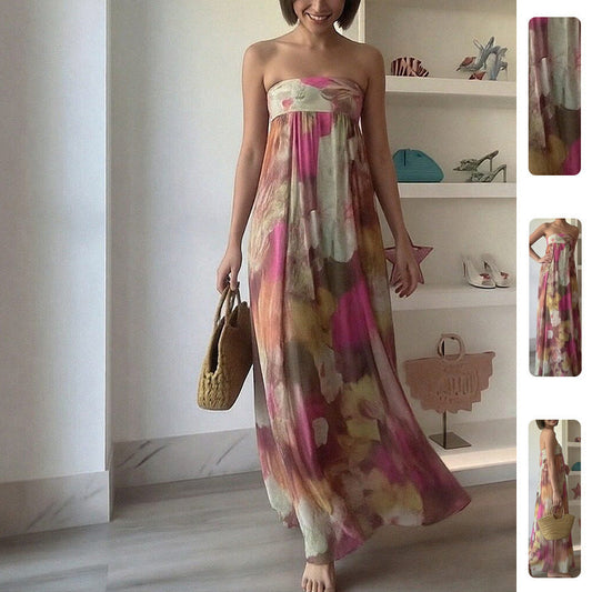 Damen Strandkleid Schulterfrei Florales Muster Lang - Norvielle