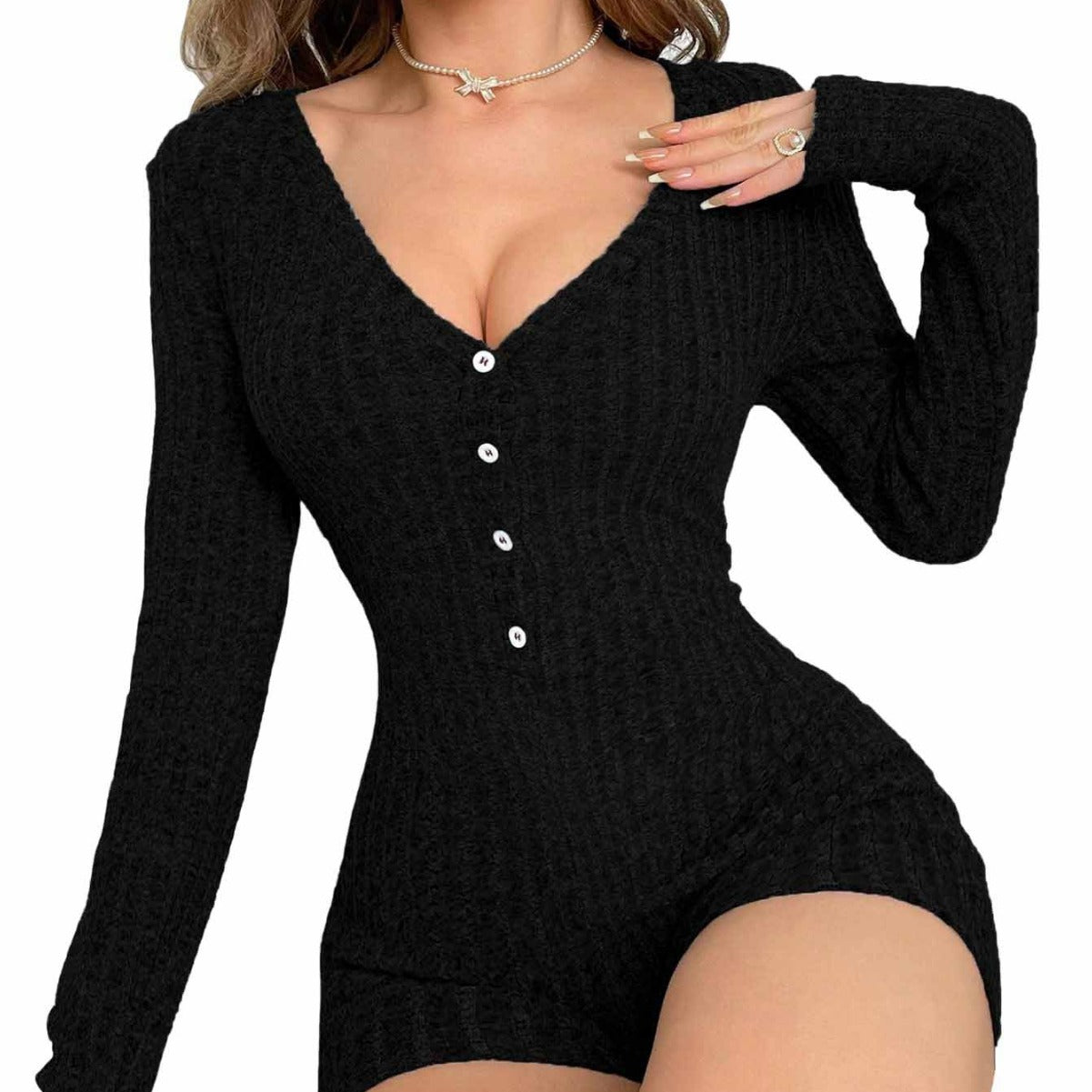 Damen Strickoverall V-Ausschnitt Knopf Norvielle