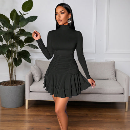 Damen Kleid Hohler Kragen Rüschen Schwarz - Norvielle