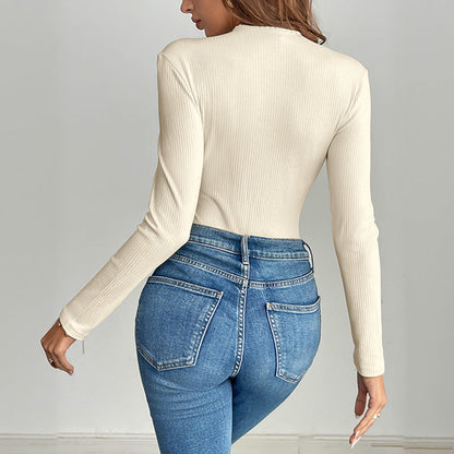 Damen Langarmshirt Knopfdetails Rippenstruktur Norvielle