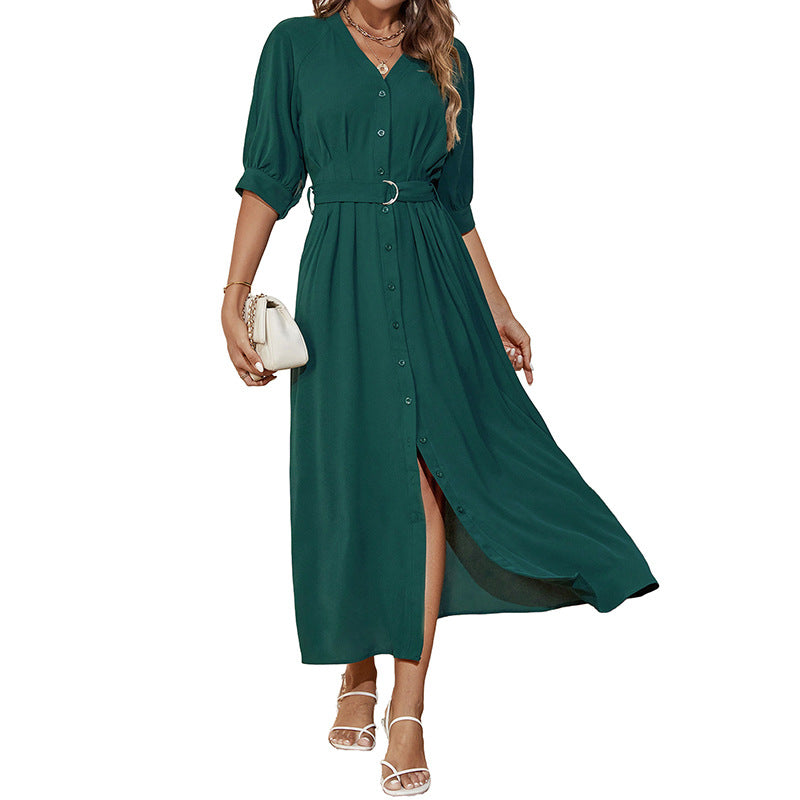 Damen Maxikleid Tailliert Gürtel Knöpfe Norvielle