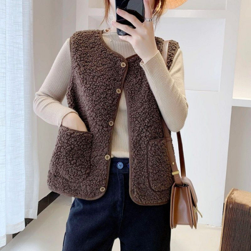 Damen Fleeceweste Teddylook mit Taschen und Knöpfen Beige