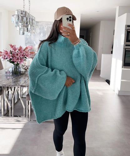 Damen Oversized Strickpullover Hochkragen Ballonärmel