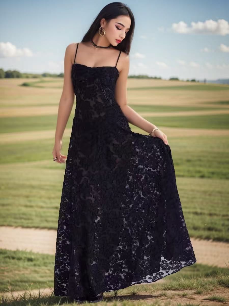 Damen Spitzenkleid Lang Transparent Elegantes Design