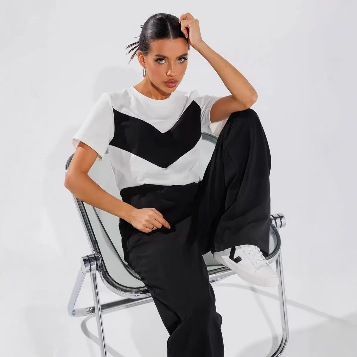 Damen T-Shirt Leichtes Oversized Farbblockdesign