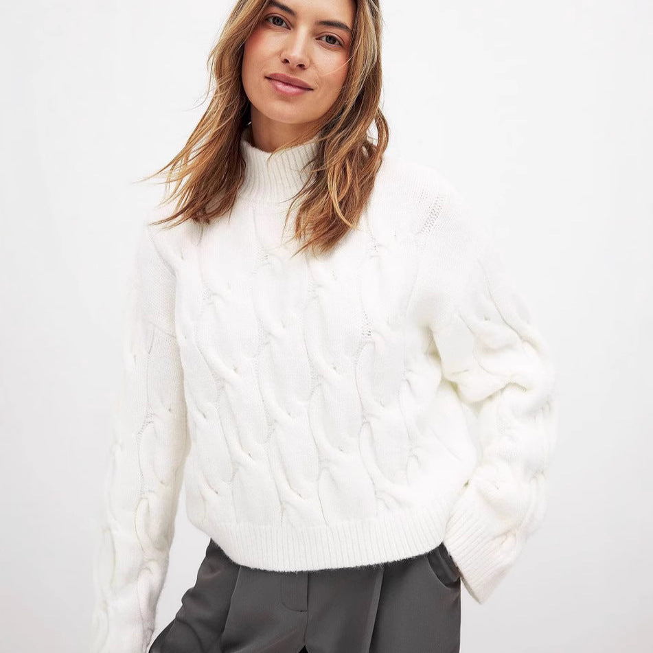 Damen Grobstrickpullover Hochkragen Zopfmuster Beige