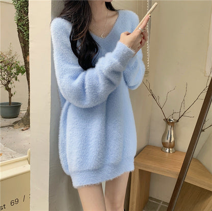 Damen V-Ausschnitt Kleid Flauschig Längere Ärmel Norvielle