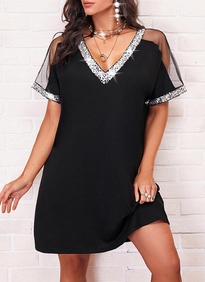 Damen Freizeitkleid V-Ausschnitt Transparent Schulterpartie - Norvielle