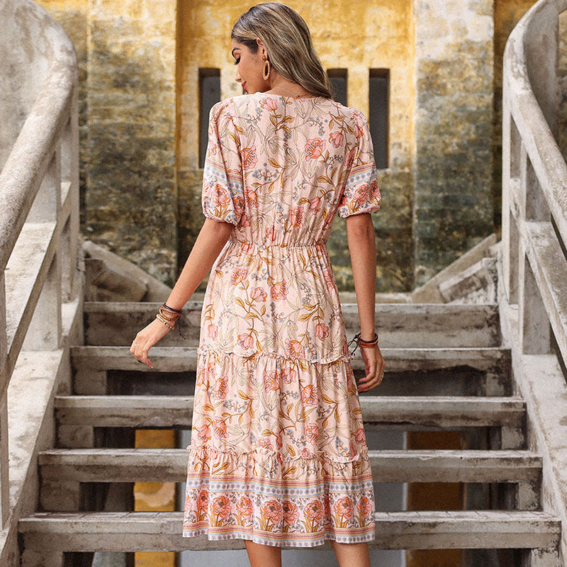 Damen Wickelkleid mit Blumenmuster Rüschen Taillengürtel