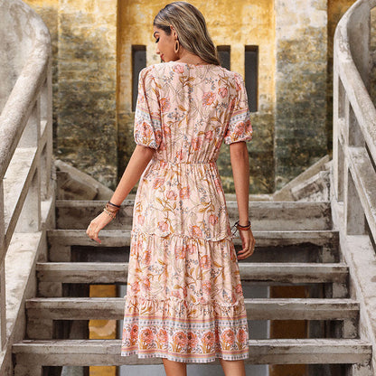Damen Wickelkleid mit Blumenmuster Rüschen Taillengürtel