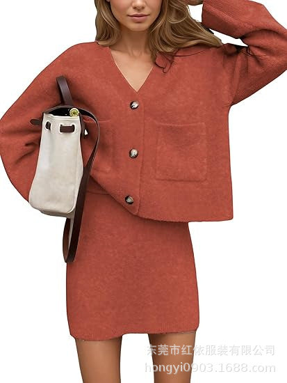 Damen Strickensemble V-Ausschnitt Knopfdetail Norvielle