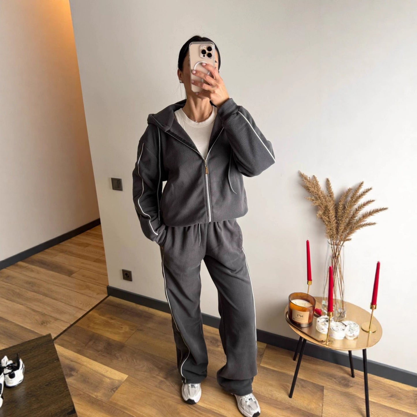 Damen Fleece-Anzug-Set Sportlich Mit Reißverschluss Schwarz - Norvielle