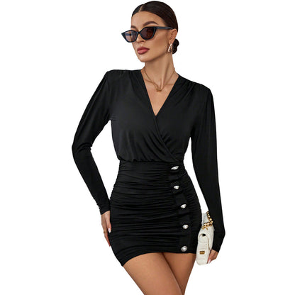Damen Minikleid Raffung V-Ausschnitt Norvielle